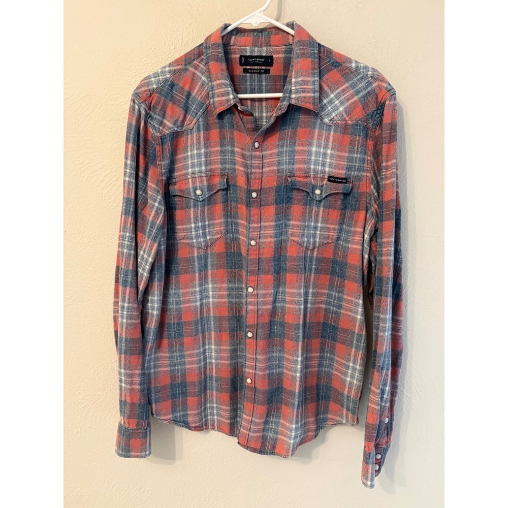 Lucky Brand Mens Red Blue Plaid Western Pearl Snap Flannel Shirt Classic Fit L